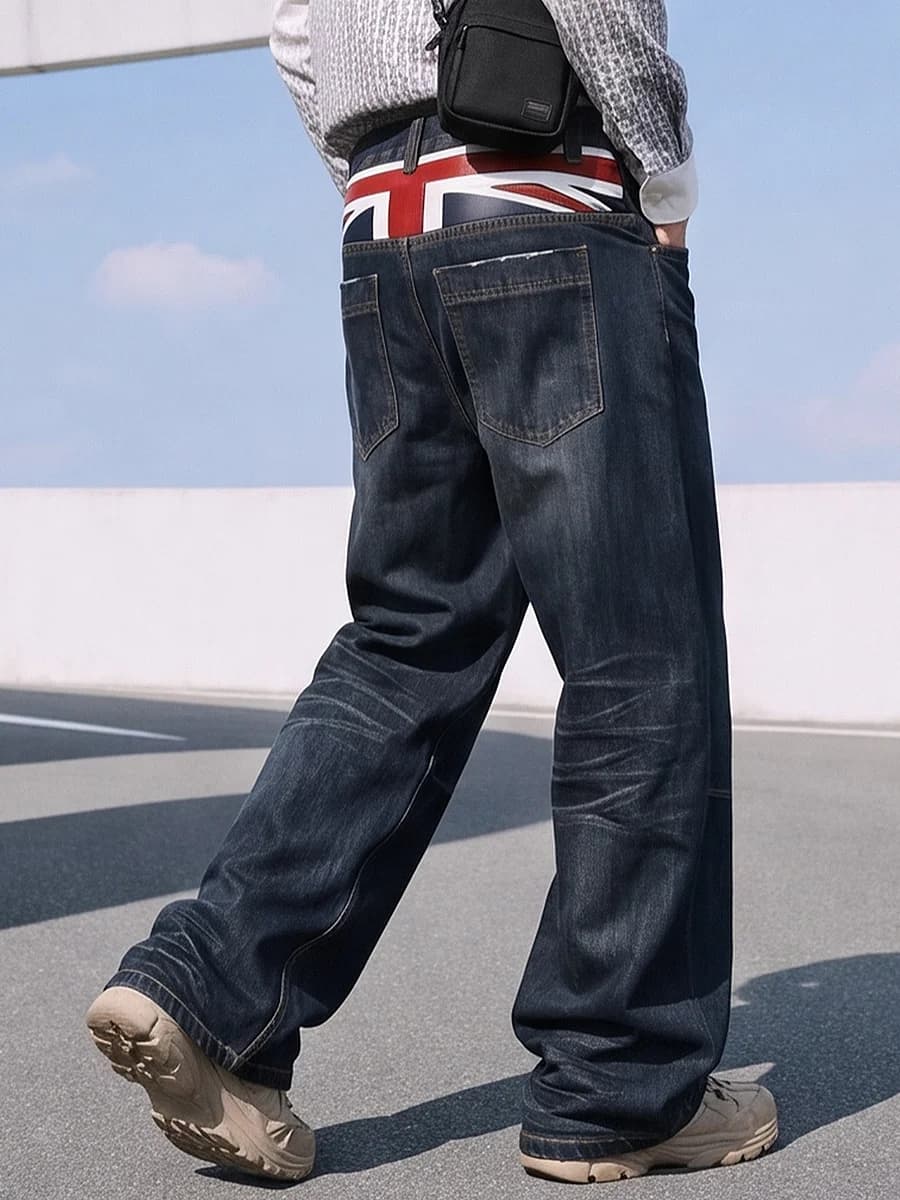 British Style Heavy Washed Baggy Men's Jeans Autumn Winter Denim Pants Man Rice Shaped Flag Wide Leg Straight Woman Trouser Male