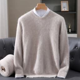 Luxury Men's 100% Mink Cashmere Thickening Sweater O-neck Grid Pullover Thick Knitwear Top Autumn Winter Anti-pilling Clothing