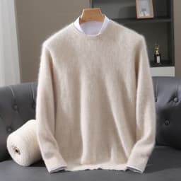 Luxury Men's 100% Mink Cashmere Thickening Sweater O-neck Grid Pullover Thick Knitwear Top Autumn Winter Anti-pilling Clothing