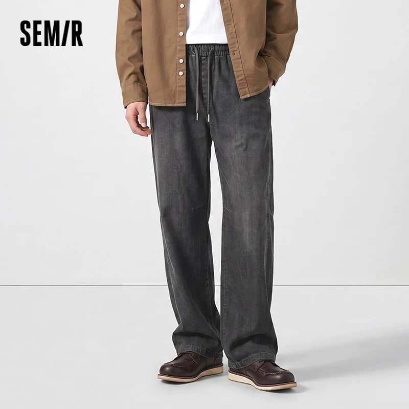 Semir Men Pants Cotton Curved Barrel Leg Drawstring Elastic Waist Loose Casual Style Autumn Trousers Daily Wear 2026