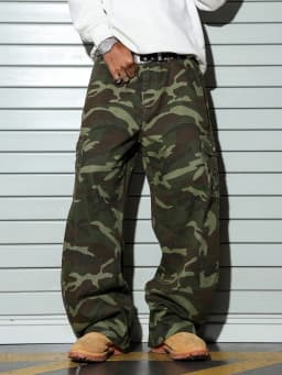 Men's Wide-Leg Camo Cargo Pants, Multi-Pocket Military Tactical Trousers, Streetwear Hip-Hop Loose Casual Work Pants