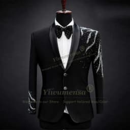 Luxury Men Suit Sets 2 Pieces Shawl Lapel Crystal Blazer Customized Double Breasted Beads Rhinestone Coat Pants Terno Masculinos