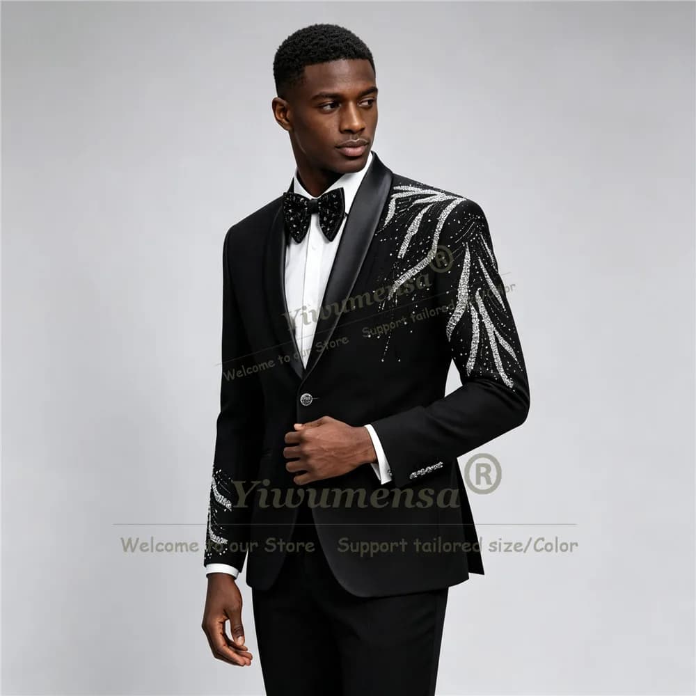 Luxury Men Suit Sets 2 Pieces Shawl Lapel Crystal Blazer Customized Double Breasted Beads Rhinestone Coat Pants Terno Masculinos