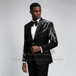 Luxury Men Suit Sets 2 Pieces Shawl Lapel Crystal Blazer Customized Double Breasted Beads Rhinestone Coat Pants Terno Masculinos