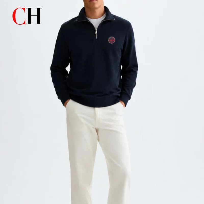 CH Mens Timeless Round Patch Badge Chest Accent Quarter Zip Collared Sweatshirt Four Season Multi Occasion Top