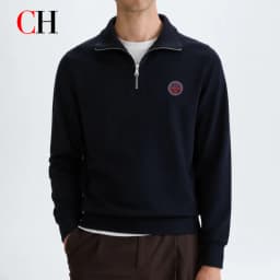 CH Mens Timeless Round Patch Badge Chest Accent Quarter Zip Collared Sweatshirt Four Season Multi Occasion Top