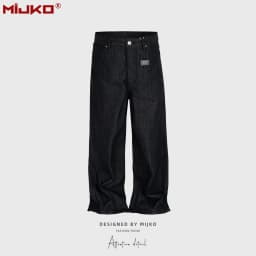 MIJKO Black Blue Mens Baggy Jeans Straight Solid Color Cleanfit Loose Casual Denim Trousers Unisex Cargo Pants ZJ090