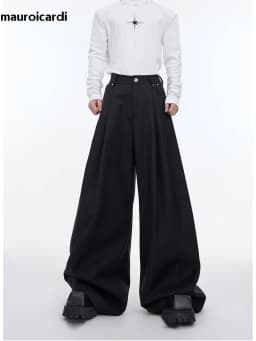 Mauroicardi Spring Autumn Long Loose Casual Black Flowy Soft Pleated Baggy Wide Leg Pants Men with High Waist Korean Fashion2024