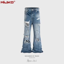 MIJKO Unisex Wide Leg Flared Jeans Torn Hole Cut with Cat Whisker Fringe Blue for Men And Women ZJ014