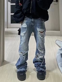 MIJKO Unisex Wide Leg Flared Jeans Torn Hole Cut with Cat Whisker Fringe Blue for Men And Women ZJ014