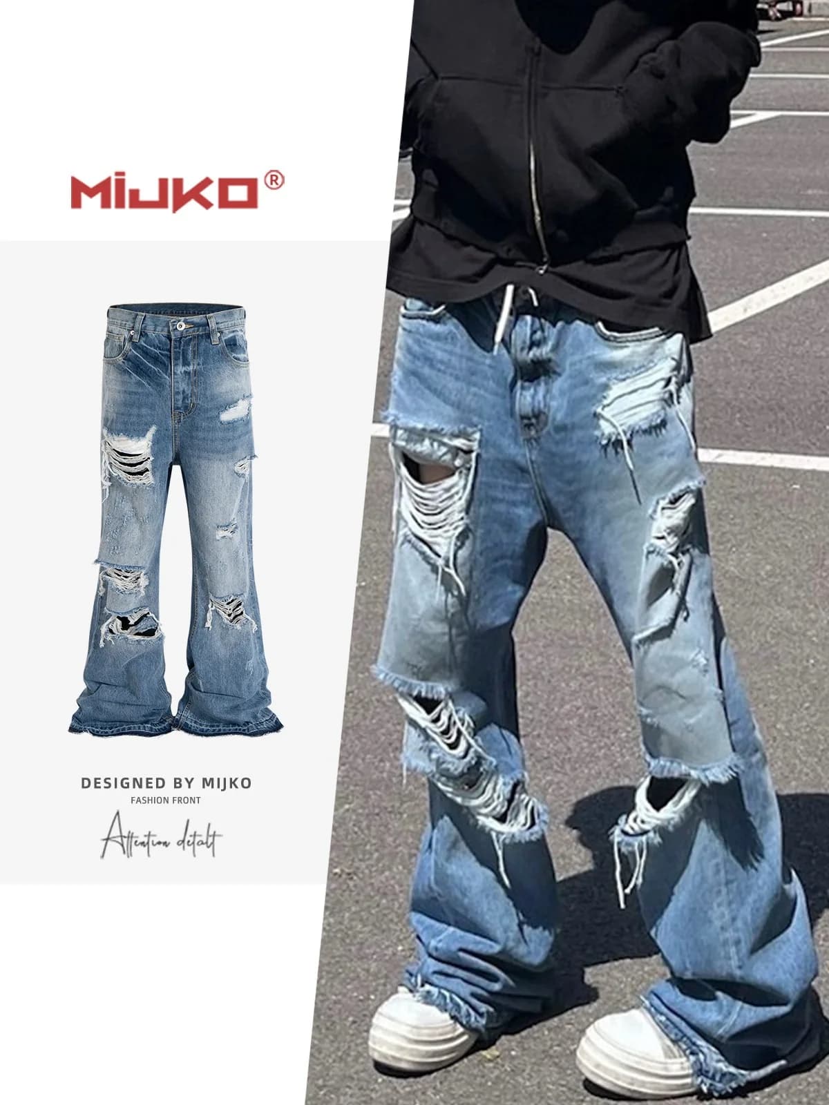 MIJKO Unisex Wide Leg Flared Jeans Torn Hole Cut with Cat Whisker Fringe Blue for Men And Women ZJ014