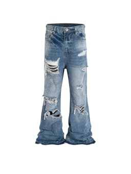 MIJKO Unisex Wide Leg Flared Jeans Torn Hole Cut with Cat Whisker Fringe Blue for Men And Women ZJ014