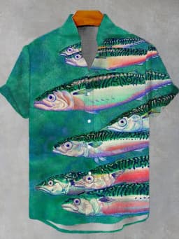 Fashion Men's Casual Sea Life Graphic Short Sleeved Shirts Button Down Lapel Shirts Oversized Tops Casual Hawaiian Shirt for Men