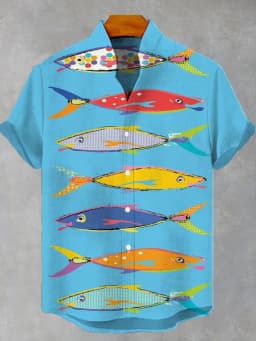 Fashion Men's Casual Sea Life Graphic Short Sleeved Shirts Button Down Lapel Shirts Oversized Tops Casual Hawaiian Shirt for Men