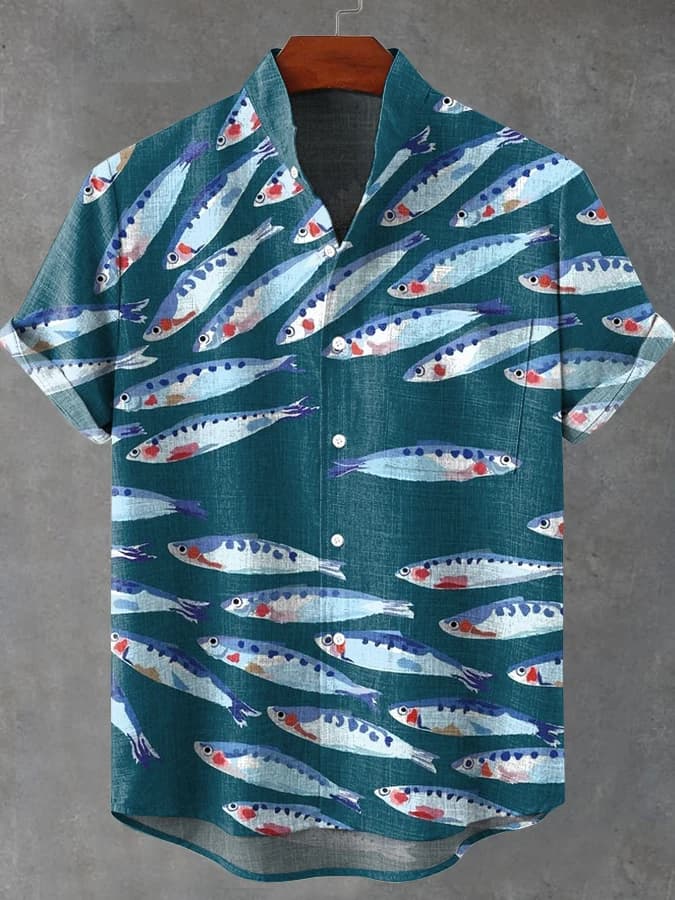 Fashion Men's Casual Sea Life Graphic Short Sleeved Shirts Button Down Lapel Shirts Oversized Tops Casual Hawaiian Shirt for Men