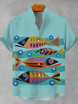 Fashion Men's Casual Sea Life Graphic Short Sleeved Shirts Button Down Lapel Shirts Oversized Tops Casual Hawaiian Shirt for Men