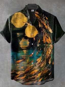 Fashion Men's Casual Sea Life Graphic Short Sleeved Shirts Button Down Lapel Shirts Oversized Tops Casual Hawaiian Shirt for Men