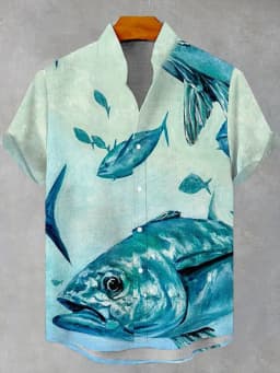 Fashion Men's Casual Sea Life Graphic Short Sleeved Shirts Button Down Lapel Shirts Oversized Tops Casual Hawaiian Shirt for Men