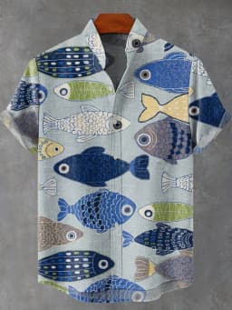 Fashion Men's Casual Sea Life Graphic Short Sleeved Shirts Button Down Lapel Shirts Oversized Tops Casual Hawaiian Shirt for Men