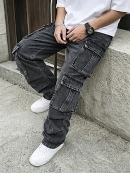Vintage Man Baggy Cargo Denim Jeans Straight Hip Hop Multi-Pocket Trousers Wide Leg Streetwear Loose Cargo Pants