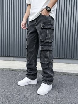 Vintage Man Baggy Cargo Denim Jeans Straight Hip Hop Multi-Pocket Trousers Wide Leg Streetwear Loose Cargo Pants