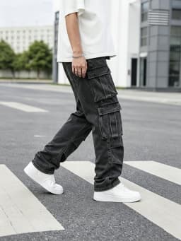 Vintage Man Baggy Cargo Denim Jeans Straight Hip Hop Multi-Pocket Trousers Wide Leg Streetwear Loose Cargo Pants