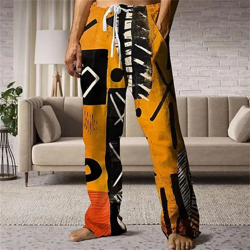 3D printed pattern, fashionable, high-quality, comfortable men's wide-leg pants, trendy printed men's pants