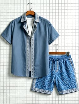 Men's ethnic border printed short sleeved shirt and shorts set, fresh and elegant style, for daily leisure and outdoor travel