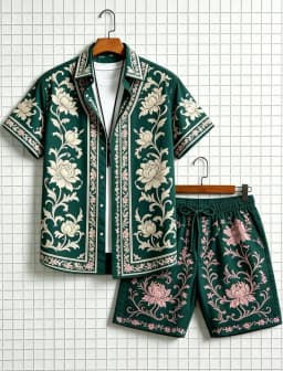Men's ethnic border printed short sleeved shirt and shorts set, fresh and elegant style, for daily leisure and outdoor travel