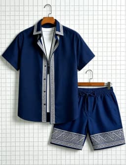 Men's ethnic border printed short sleeved shirt and shorts set, fresh and elegant style, for daily leisure and outdoor travel