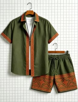 Men's ethnic border printed short sleeved shirt and shorts set, fresh and elegant style, for daily leisure and outdoor travel