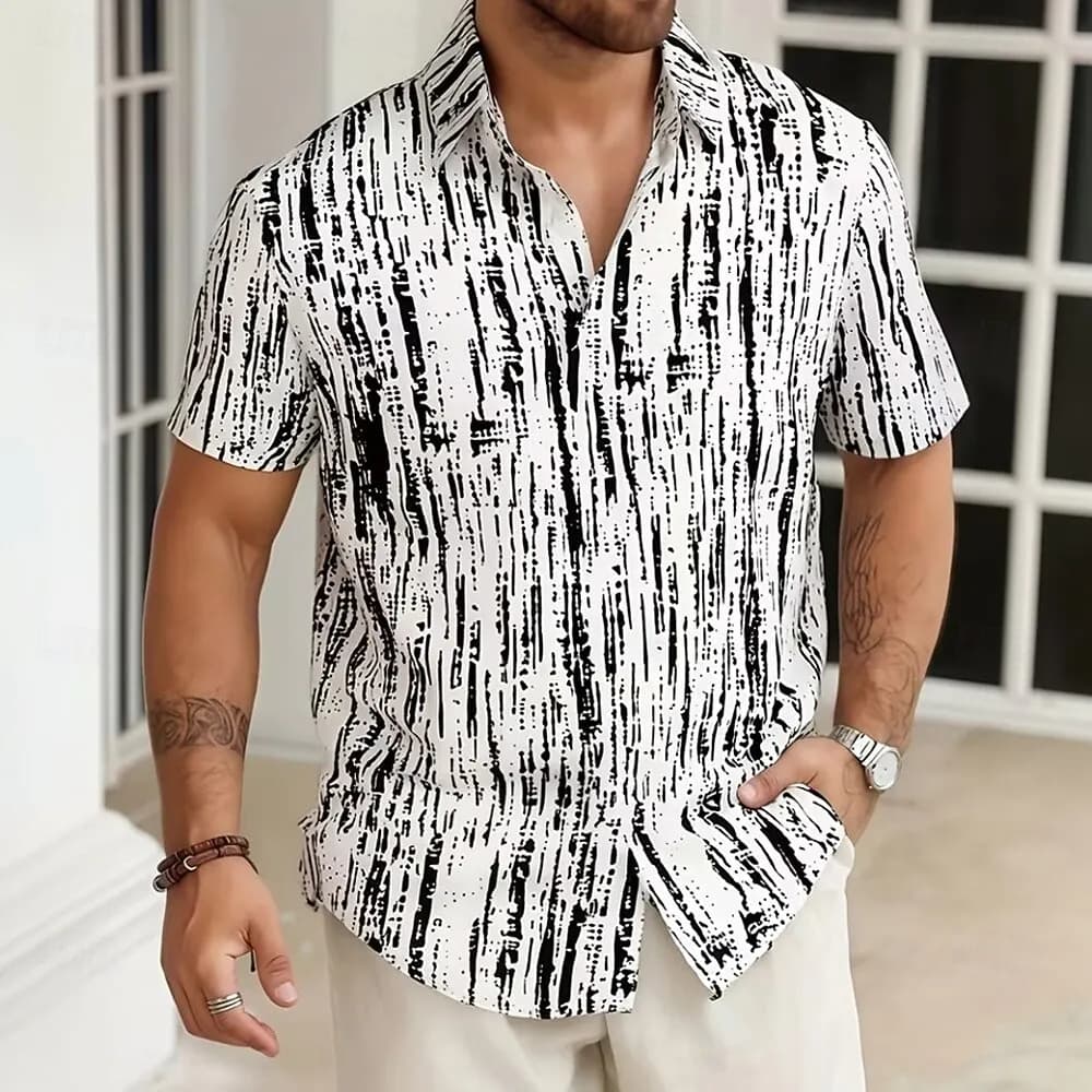 Men's Striped Geometric Abstract Shirt Button Up Short Sleeve 3D Print Turndown Shirt Blue Black Orange