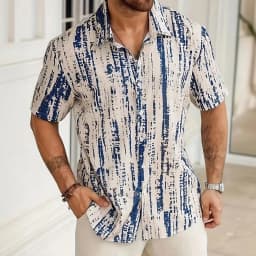 Men's Striped Geometric Abstract Shirt Button Up Short Sleeve 3D Print Turndown Shirt Blue Black Orange