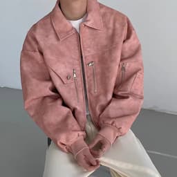 Spring Pink Mens Cropped PU Leather Jacket Fashion Turn-down Collar Gradient Color Retro Coat Zipper Men's Motorcycle Outwear