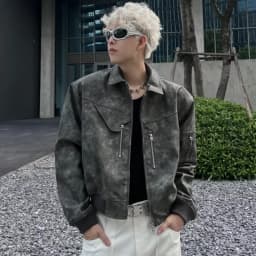 Spring Pink Mens Cropped PU Leather Jacket Fashion Turn-down Collar Gradient Color Retro Coat Zipper Men's Motorcycle Outwear