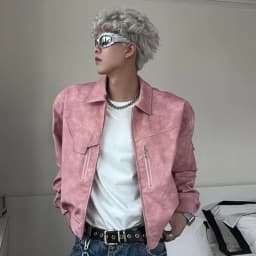 Spring Pink Mens Cropped PU Leather Jacket Fashion Turn-down Collar Gradient Color Retro Coat Zipper Men's Motorcycle Outwear