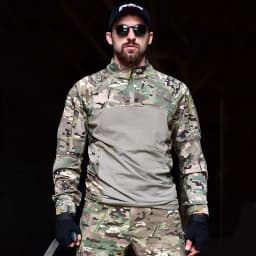 Men Tactical Combat Shirt Stretch Multicam Airsoft Paintball Hunting Clothing Cotton 1/4 Zipper Shirts Long Sleeve Camo T Shirt