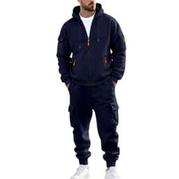 Men's 1-piece Fleece-lined Zip-up Hoodie with 2-piece Multi-zip Pocket Workwear Casual Pants Winter Street Sports Set