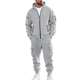 Men's 1-piece Fleece-lined Zip-up Hoodie with 2-piece Multi-zip Pocket Workwear Casual Pants Winter Street Sports Set