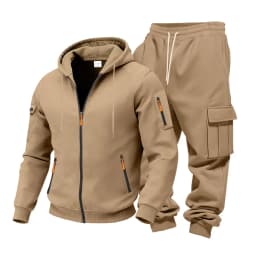 Men's 1-piece Fleece-lined Zip-up Hoodie with 2-piece Multi-zip Pocket Workwear Casual Pants Winter Street Sports Set