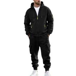 Men's 1-piece Fleece-lined Zip-up Hoodie with 2-piece Multi-zip Pocket Workwear Casual Pants Winter Street Sports Set