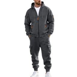 Men's 1-piece Fleece-lined Zip-up Hoodie with 2-piece Multi-zip Pocket Workwear Casual Pants Winter Street Sports Set