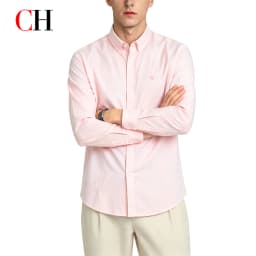 CH Mens Button Down Collar Tiny Letter Chest Embroidery Long Sleeve Oxford Shirt Office Daily Smart Top