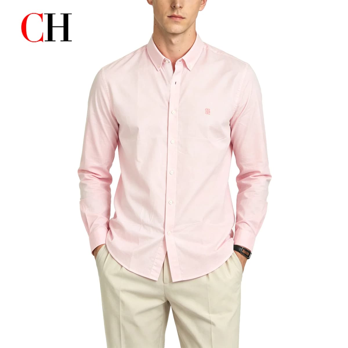 CH Mens Button Down Collar Tiny Letter Chest Embroidery Long Sleeve Oxford Shirt Office Daily Smart Top