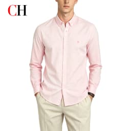 CH Mens Button Down Collar Tiny Letter Chest Embroidery Long Sleeve Oxford Shirt Office Daily Smart Top