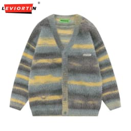 Hip Hop Striped Plush Thickened Men's Cardigan V-neck Fashionable Casual Loose Sweater Couple Streetwear Loose Knit