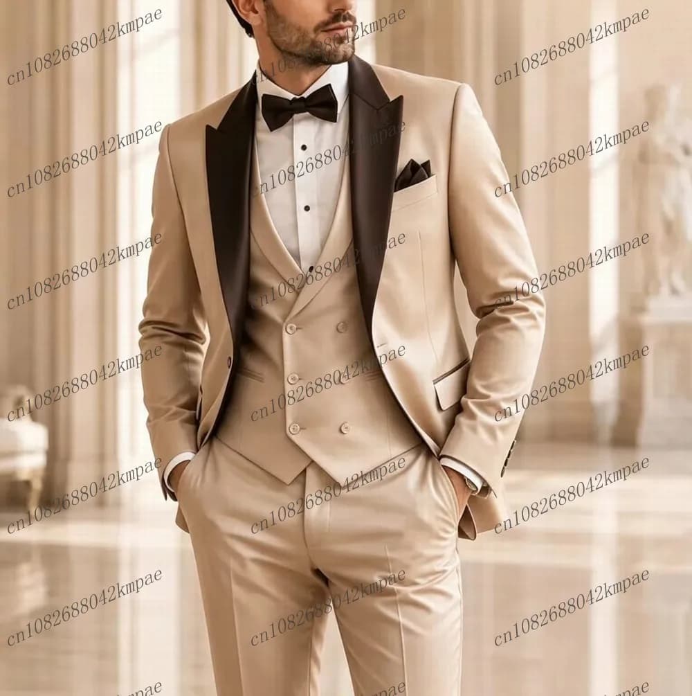 Brown Collar Beige Formal Men Suit Groom Groomsman Wedding Party Prom Business Male Tuxedos 3 Piece Set Blazer Vest Pants