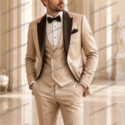 Brown Collar Beige Formal Men Suit Groom Groomsman Wedding Party Prom Business Male Tuxedos 3 Piece Set Blazer Vest Pants
