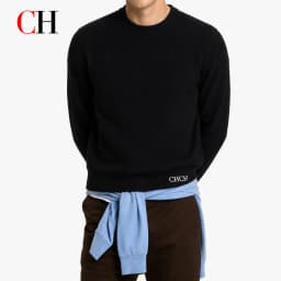 CH Men Crew Neck Long Sleeve Sweater Standout White Letter Embroidery Bottom Hem Regular Fit Minimalist Fall Office Daily Wear