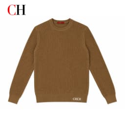 CH Men Crew Neck Long Sleeve Sweater Standout White Letter Embroidery Bottom Hem Regular Fit Minimalist Fall Office Daily Wear